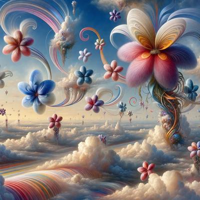 The primary subject of the image is a beautifully painted scene featuring a variety of flowers and butterflies. The setting is a cloudy sky, and the visual style is a combination of digital art and illustration. The colors and mood of the image are vibrant and lively, with a focus on the beauty of nature.